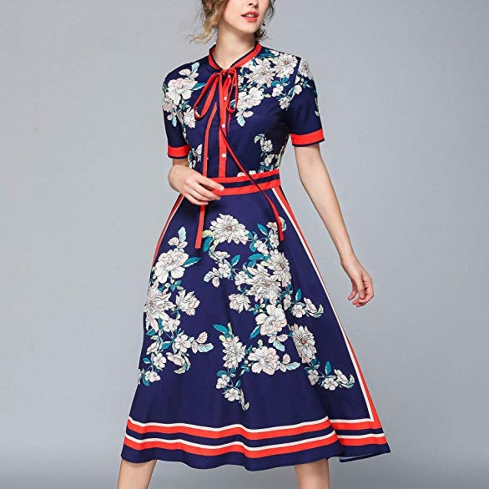 Gucci-inspired Navy and Red A-Line Midi Dress